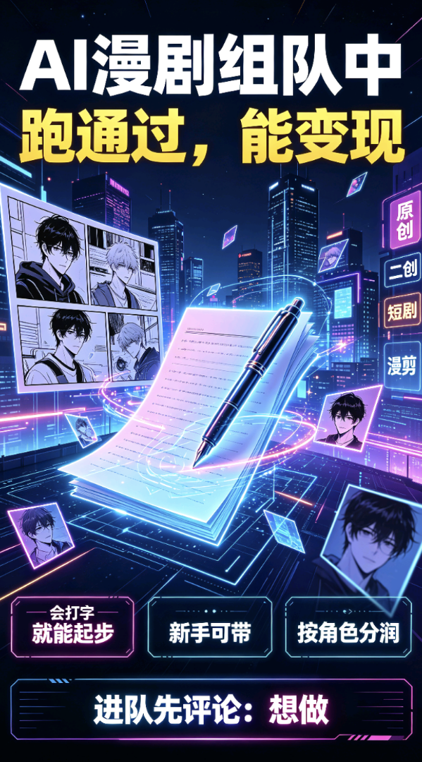 马通其他供需AI漫剧团队寻合作，入驻剧里剧外，一起拿内容分红，全程免费，新手可带