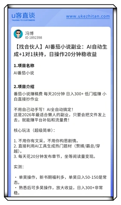 U客直谈番茄小说项目