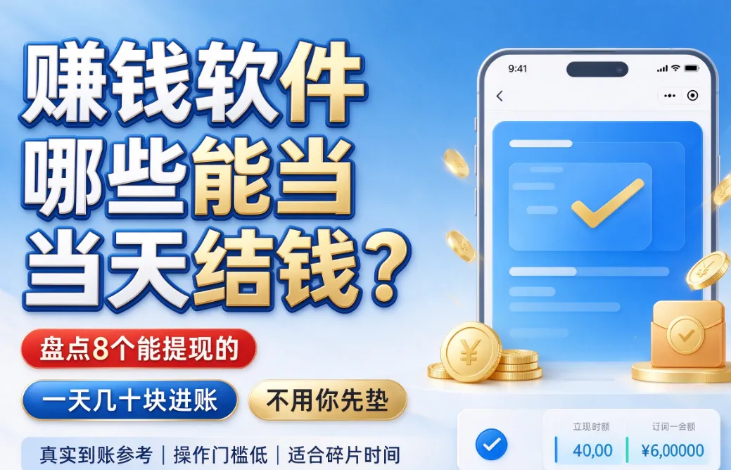赚钱软件哪些能当天结钱?盘点8个能提现的,一天几十块进账不用你先垫