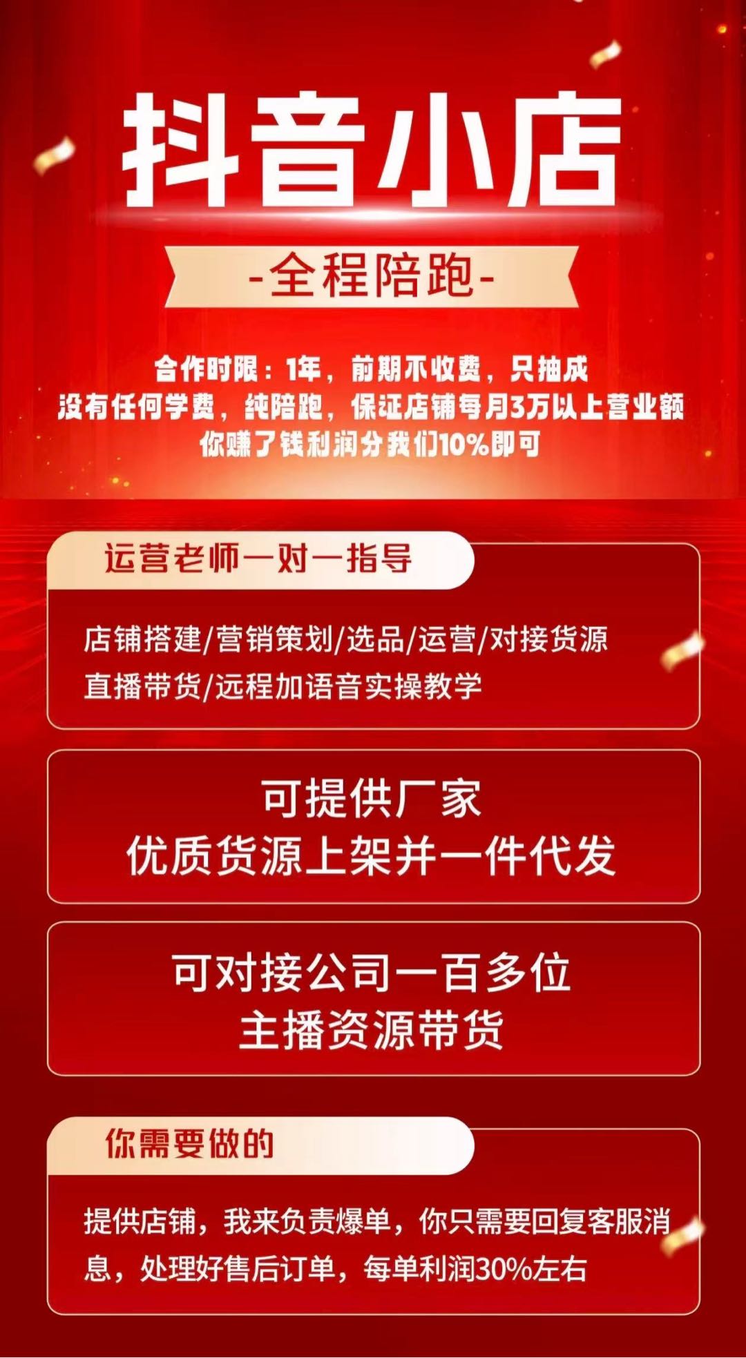 陈先生找合伙人抖音小店代运营合作，零投入分润模式，提供货源技术支持