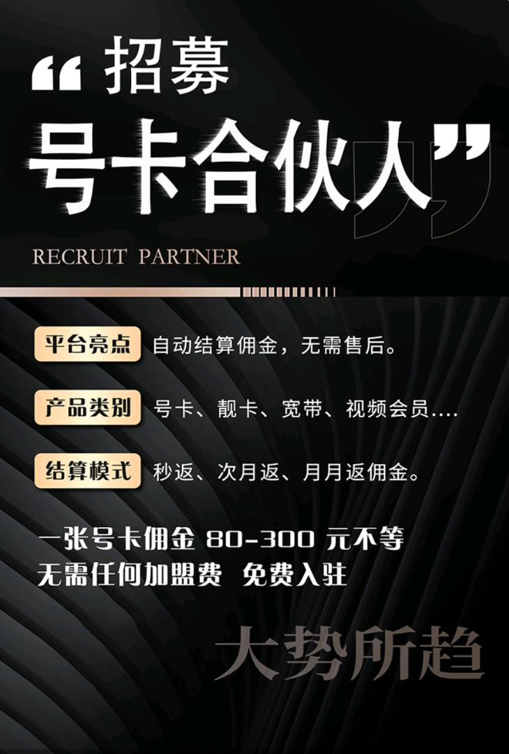王先生地推项目号卡合伙人招募，零成本创富，佣金80-300/单！