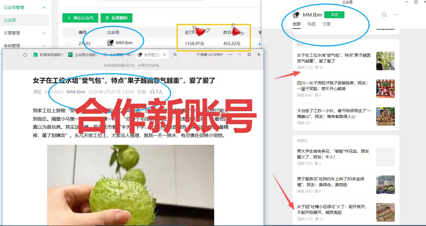 何女士找合伙人微信公众号流量主托管，单机收益50-500，五五分成合作