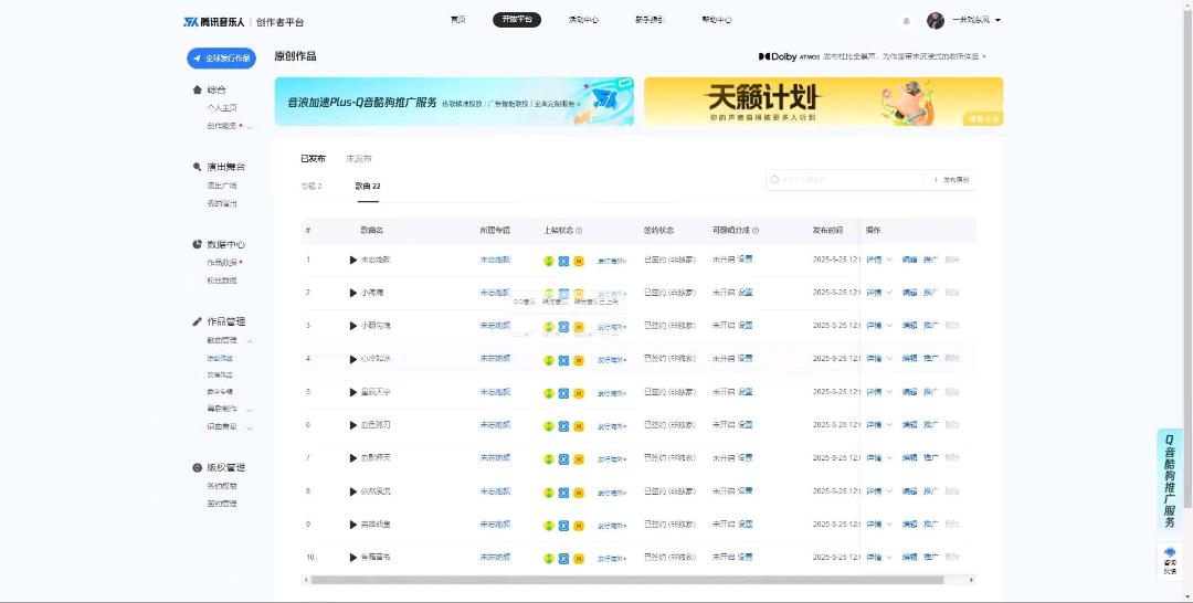 卢先生腾讯音乐人项目，独立后台，每日可查，懒人操作