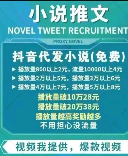 魏嘉钰其他供需抖音小说视频代发，完全免费，我提供爆款素材，你需要发抖音