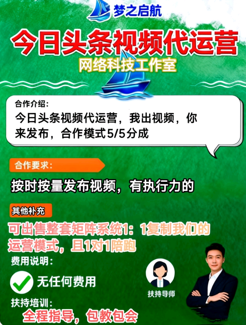 李洪运找合伙人今日头条视频代运营，我出视频，你来发布，合作模式5/5分成