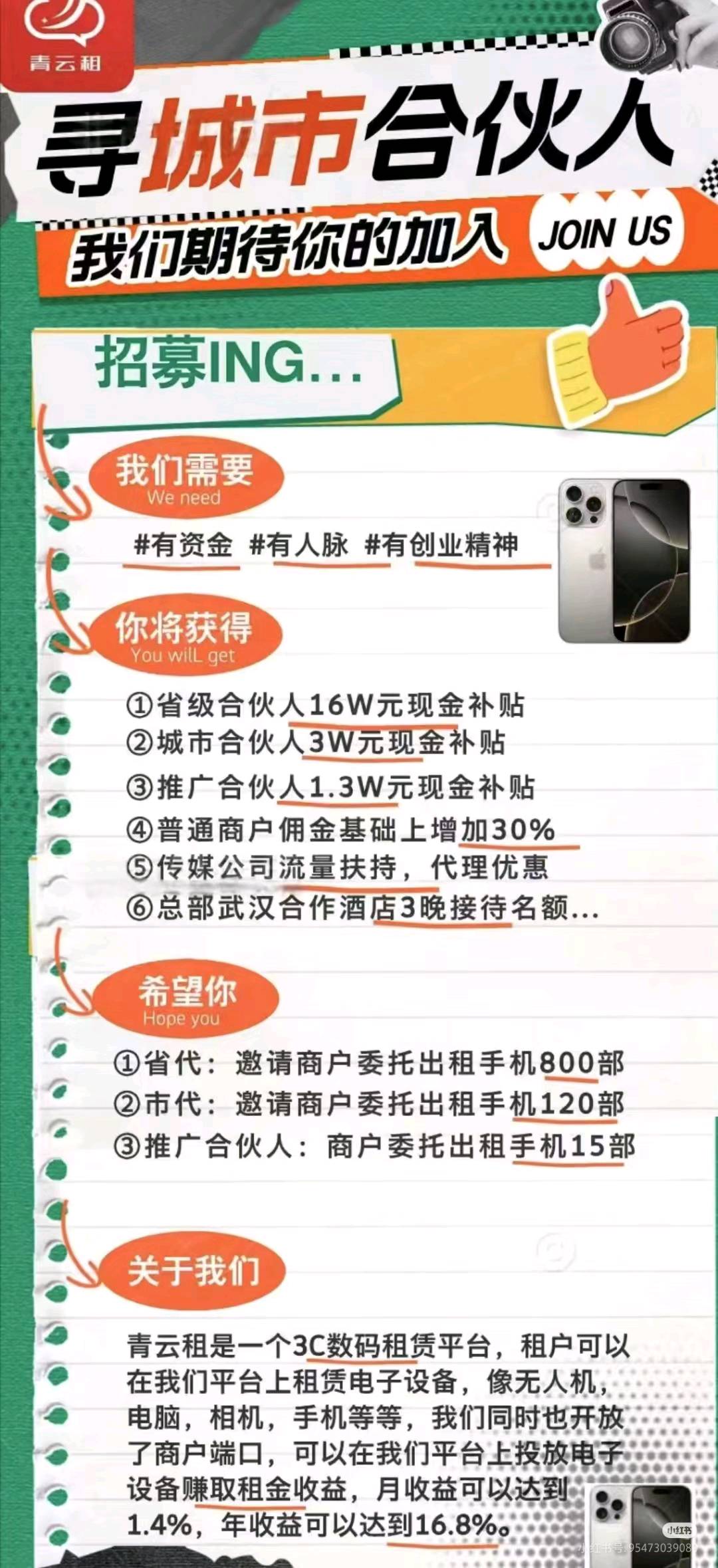 吴雁漳找合伙人青云租3C数码产品租机平台的手机租赁招商项目，寻找投资人