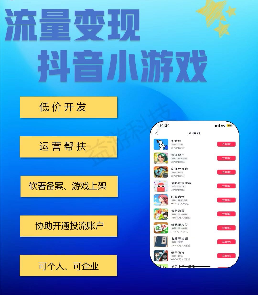余海找合伙人抖音小游戏广告变现，日收益*，官方结算